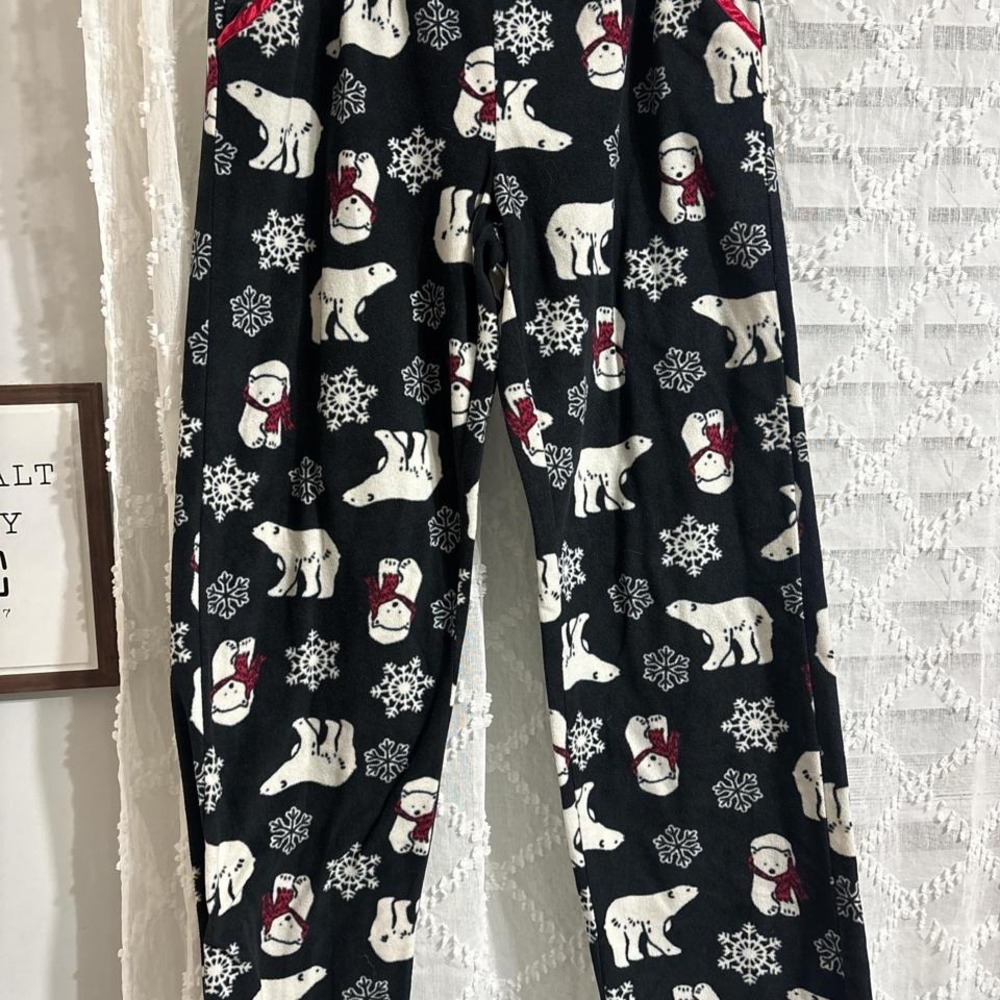 Mens Polar Bear Snowflake Fleece Pajama Pants Black Holiday Lounge Bottoms Small